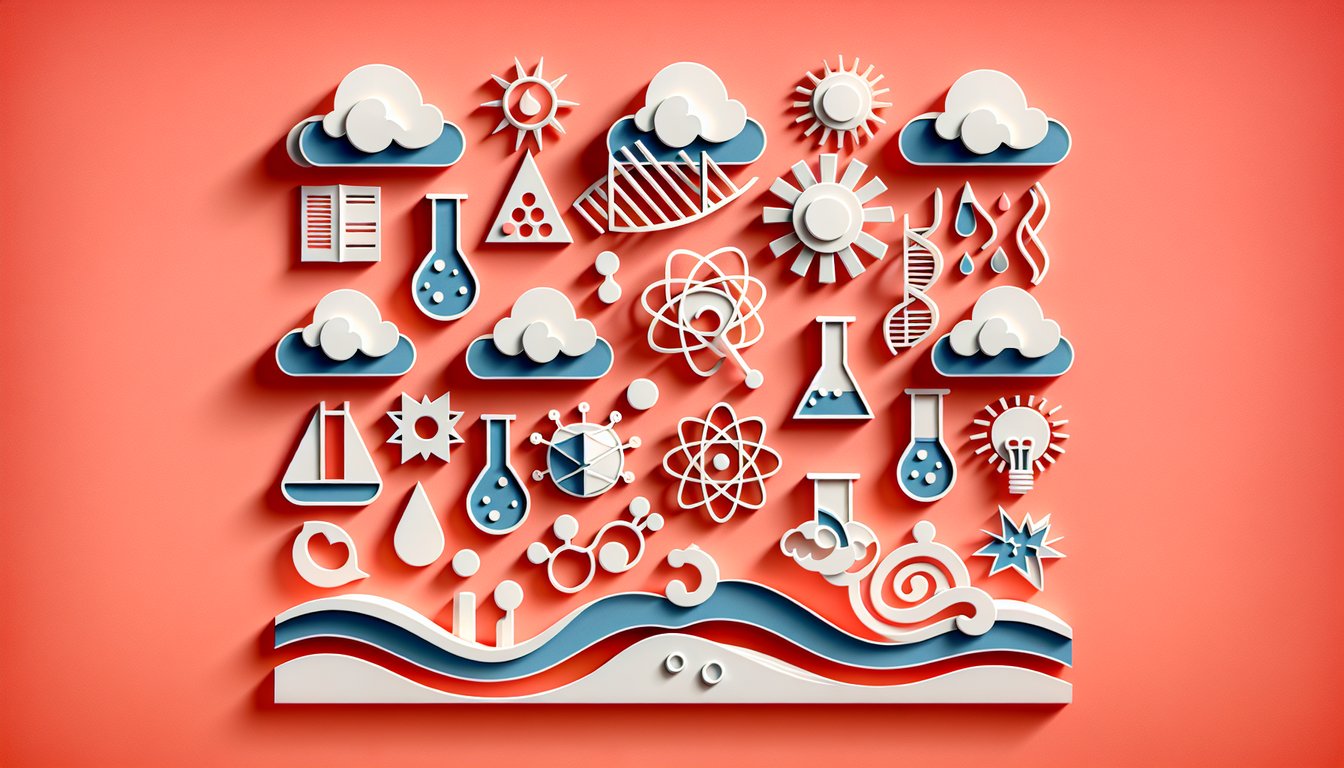 Paper art with science icons microscope atom cloud wave compass test tubes on coral background promoting quiz on 22 science branches