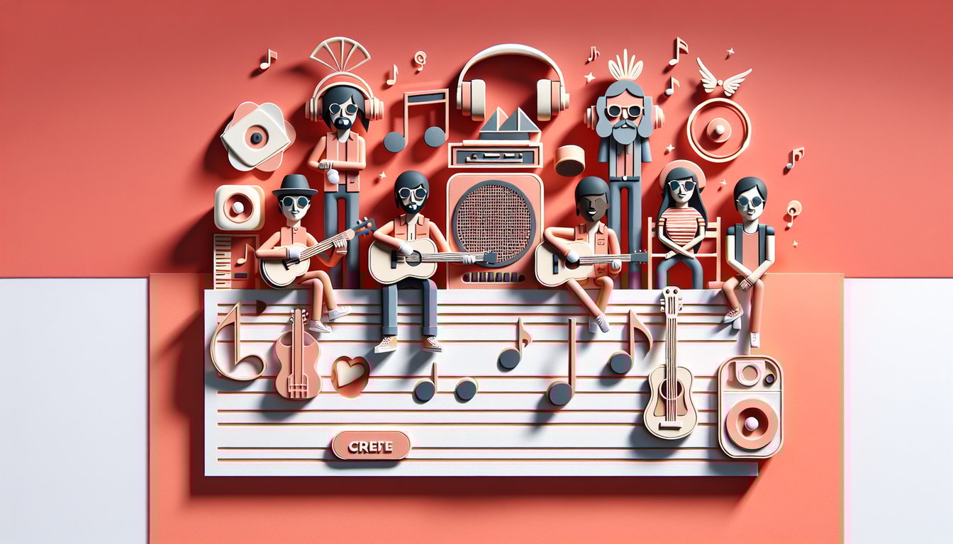 Paper art illustration for Gorillaz members quiz on a coral background