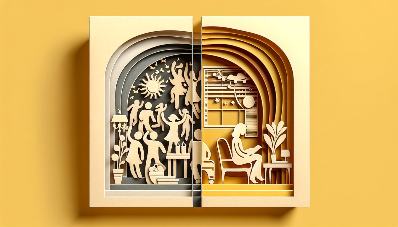Paper art illustration for ambivert quiz with personalized insights on golden yellow background
