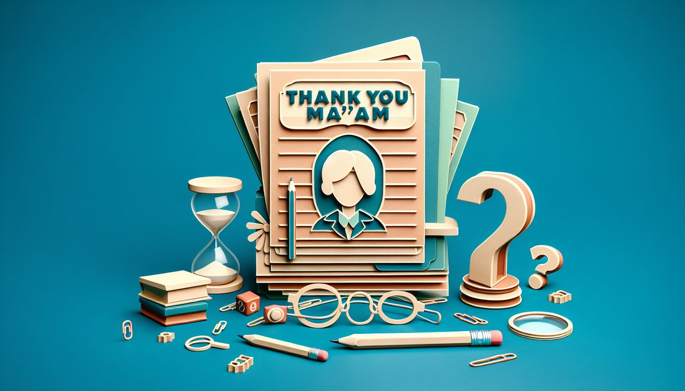 Paper art illustration of open book question marks and PDF icon on teal background for Thank You Maam comprehension quiz