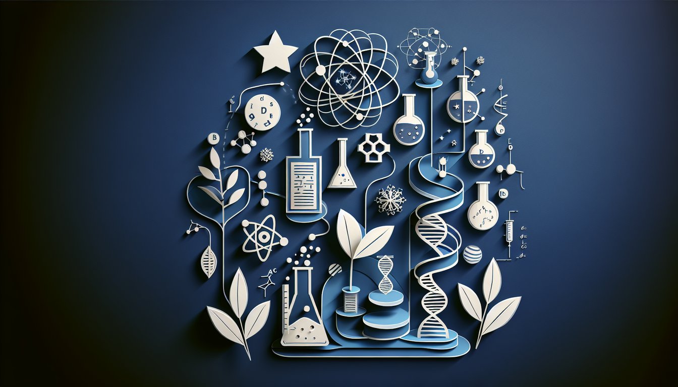Paper art illustration featuring DNA helix atom flask and microscope on dark blue background for free Science Unit 1 Quiz