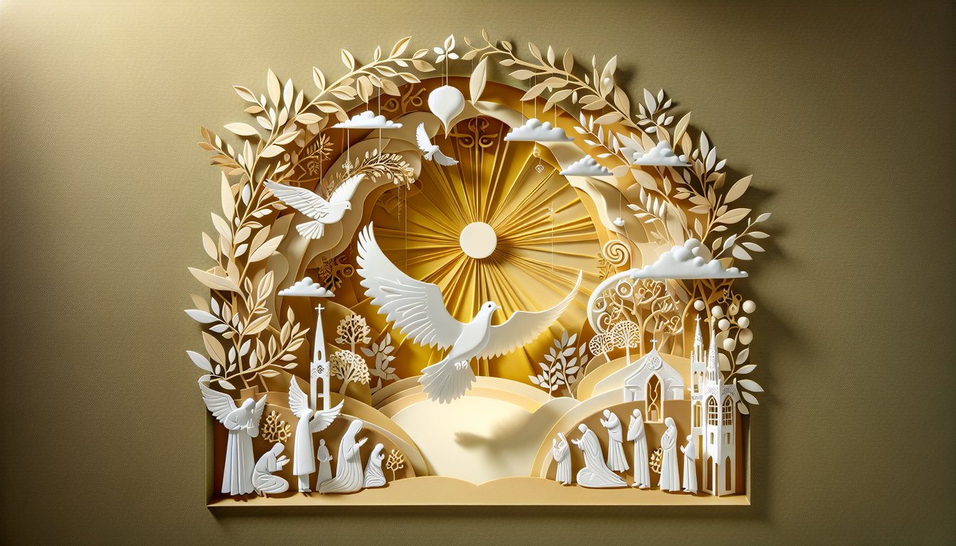 Paper art illustration of cross scripture and church silhouettes on golden yellow background Christian denomination quiz