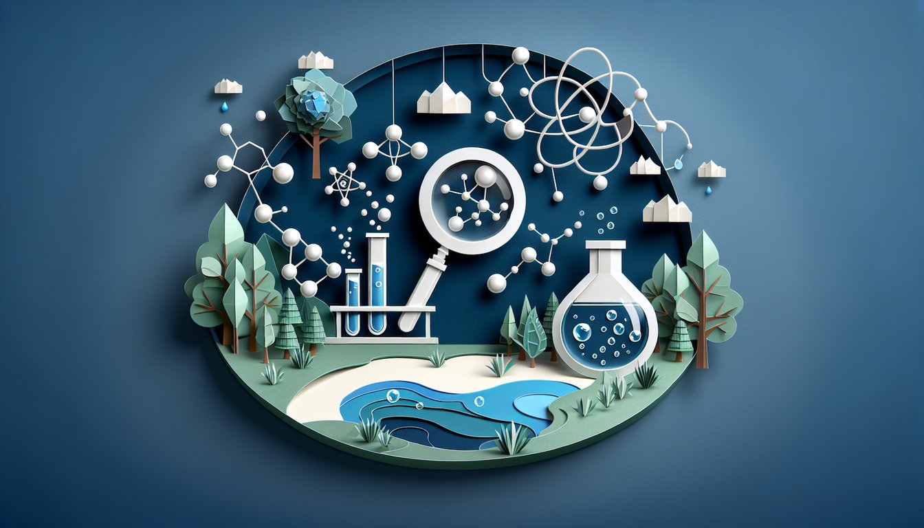 Colorful paper art illustrating a quiz on Analytical and Environmental Chemistry Assessment.