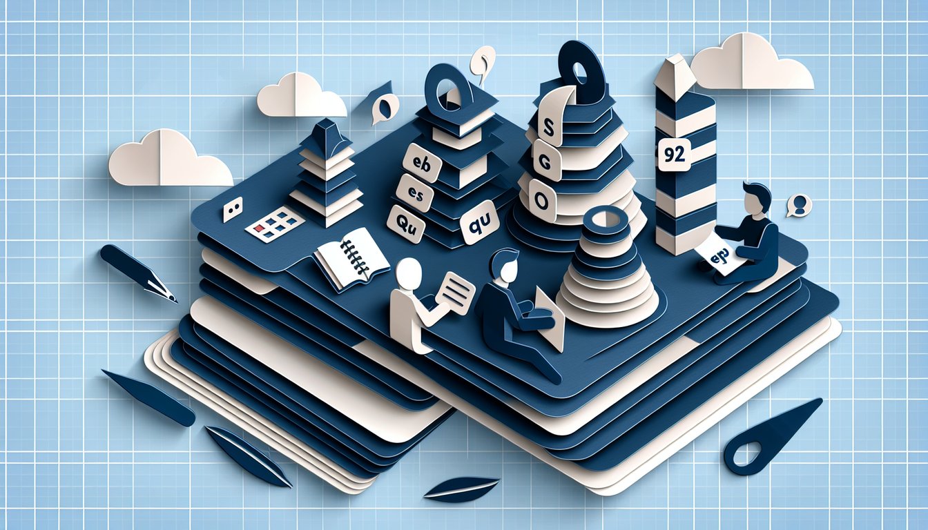 Paper art illustration of grammar symbols pronouns adverbs tenses on dark blue background promoting free quiz challenge
