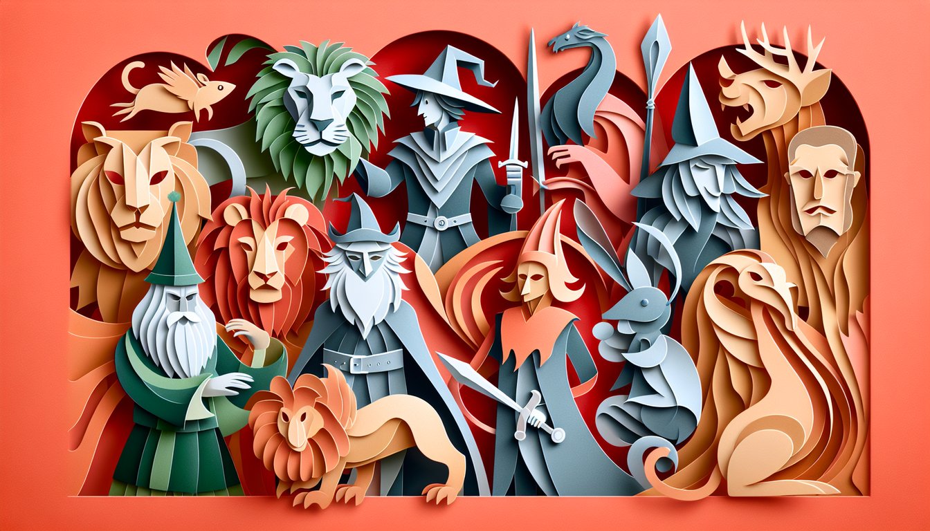 Paper art illustration for Chronicles of Narnia character quiz on a coral background
