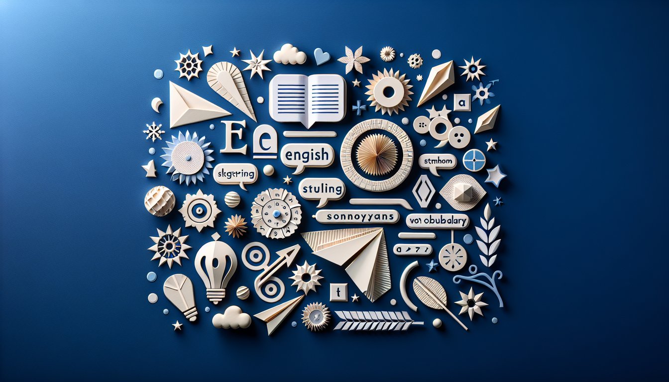 Colorful paper art depicting elements related to an English Synonyms Vocabulary Quiz.