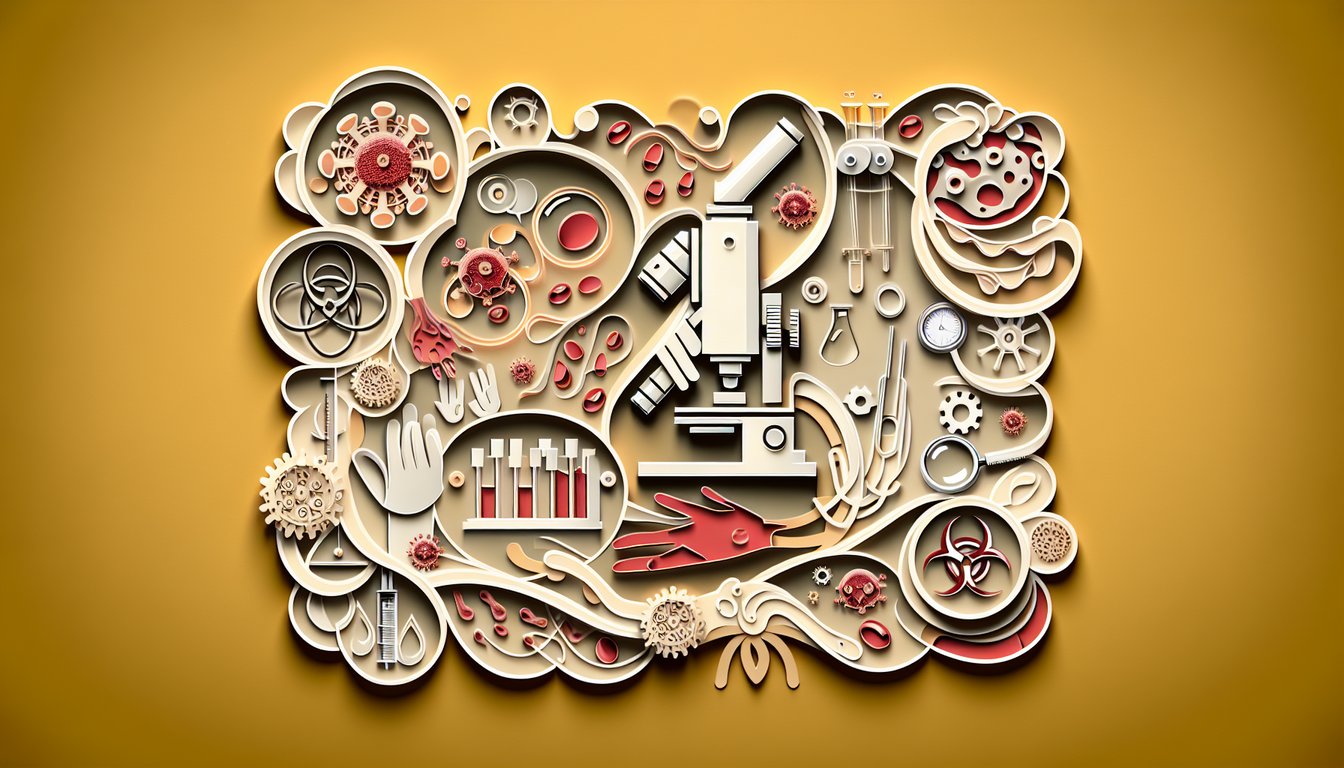 Paper art style test tubes blood droplets hazard icons in quiz layout on golden-yellow background