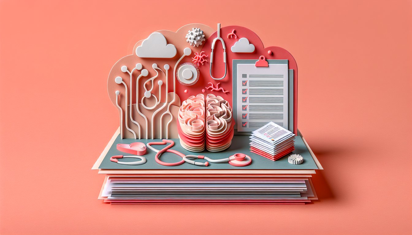 Paper art illustration of brain and neurons for a free scored neuro NCLEX quiz on coral background