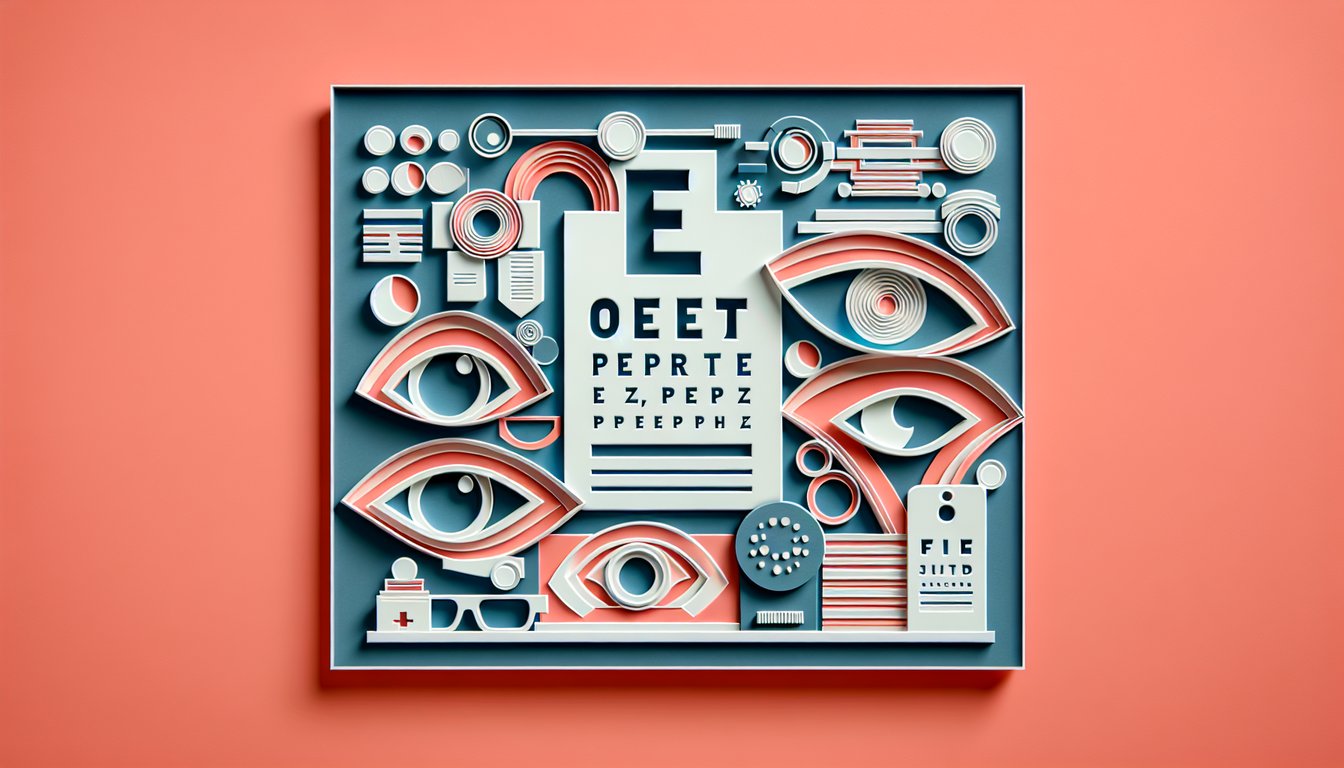 Paper cut art eye chart glasses magnifying glass on coral backdrop quiz visual acuity challenge