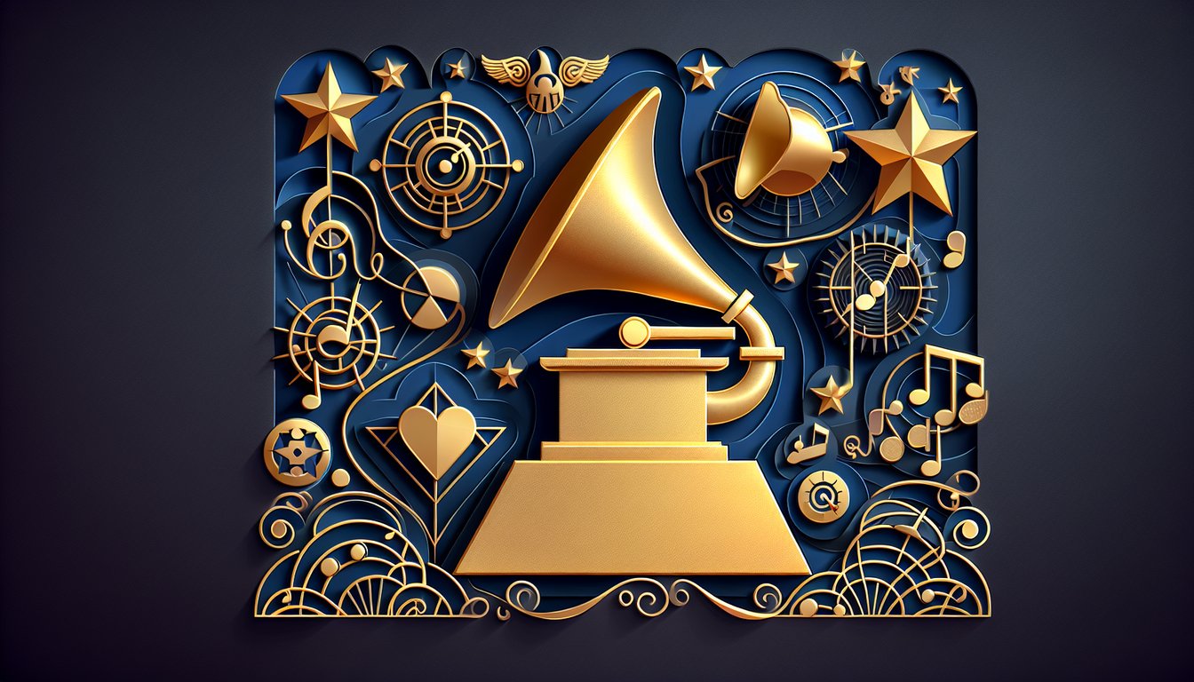Paper art illustration of gold Grammy trophy record discs and musical notes on dark blue background for a quiz