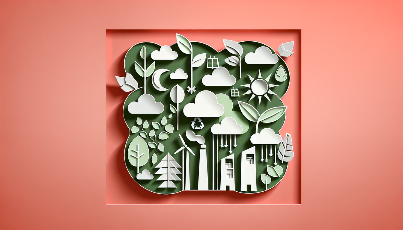 Paper art style globe leaves and icons for sustainable living quiz and eco tips on coral background.