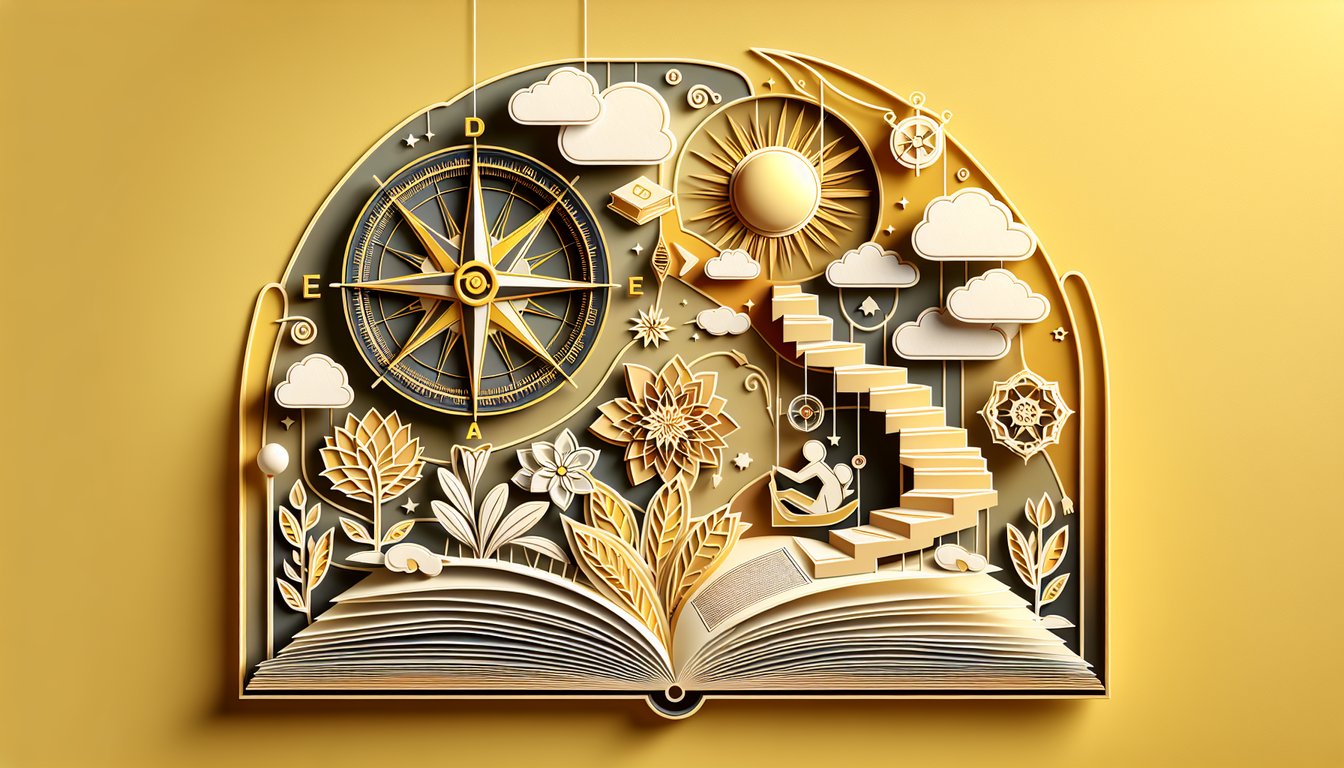 Paper art illustration for a life outlook quiz on a golden yellow background