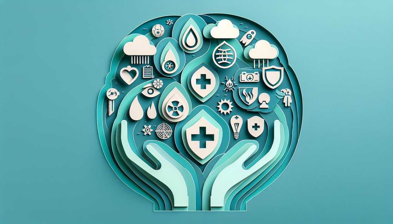 Paper art illustration for a health and life insurance quiz on a teal background