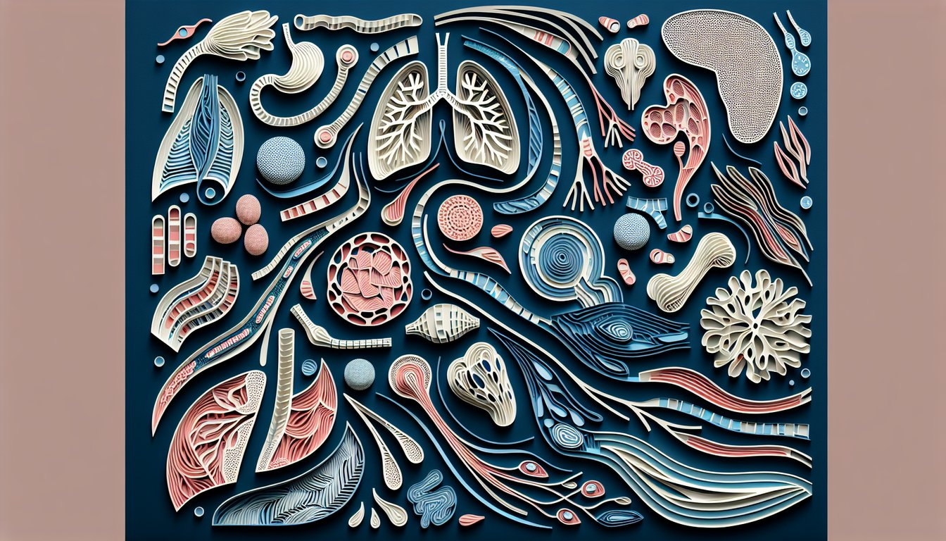 Paper cut illustration of layered tissue types labeled for anatomy quiz challenge on dark blue background