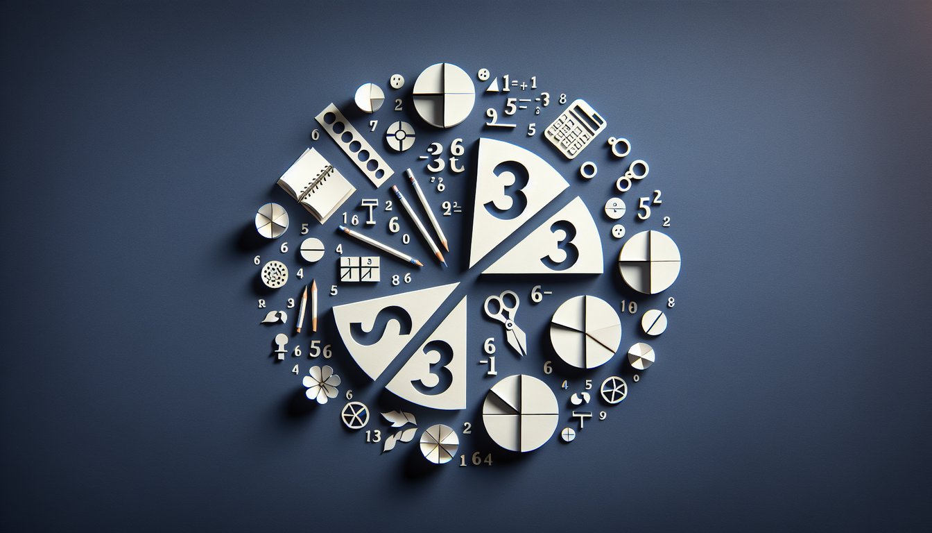 Colorful paper art promoting a middle school math trivia quiz on fractions