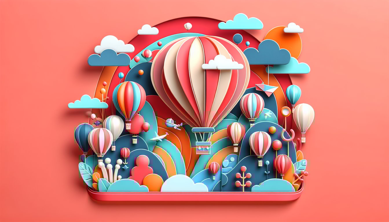 Paper art playful party balloon and adventurous hot air balloon on coral background for personality quiz
