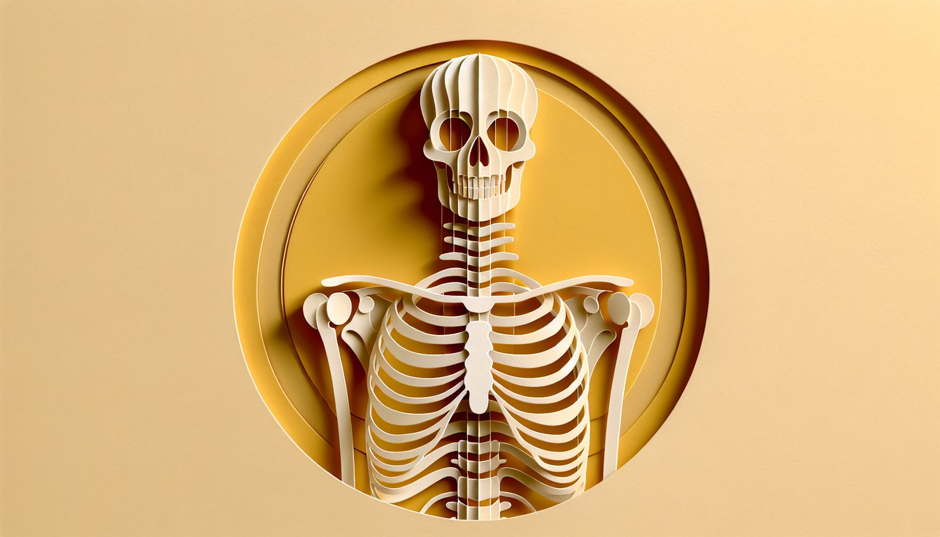 Paper art axial skeleton showing skull spine ribs on golden yellow background for skeleton quiz