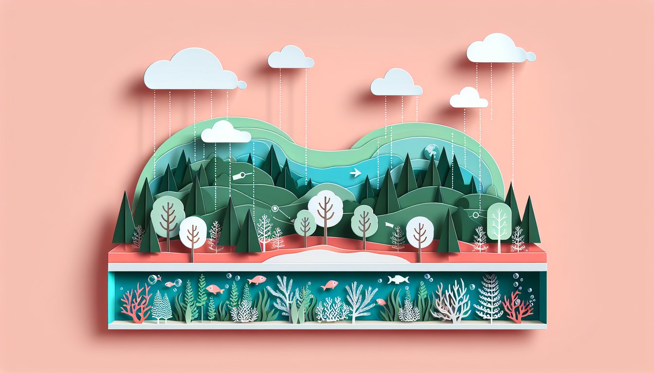Paper art carbon cycle quiz illustration with ecosystem leaves soil ocean and bold typography on coral background