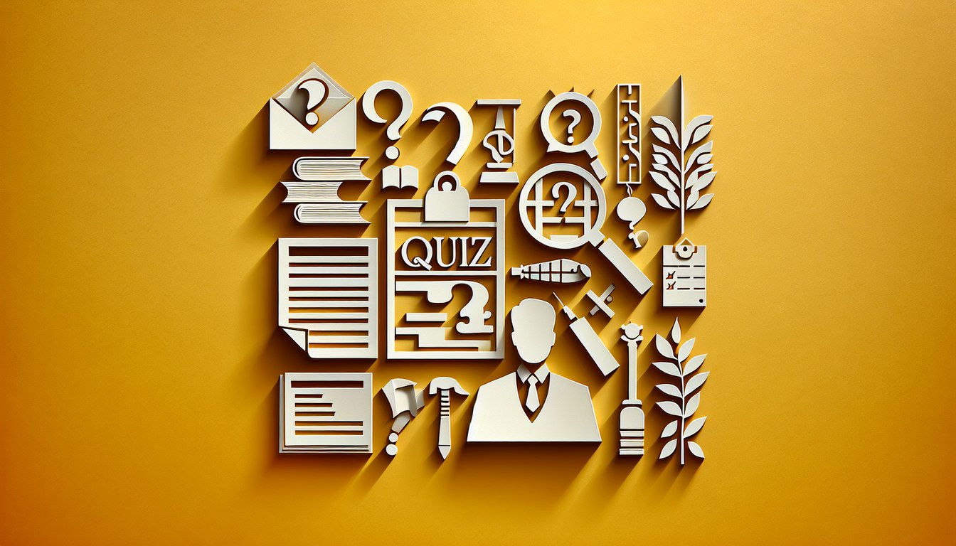 Paper art illustration of stylized killer masks, knife and question mark icons on a golden yellow background for a quiz
