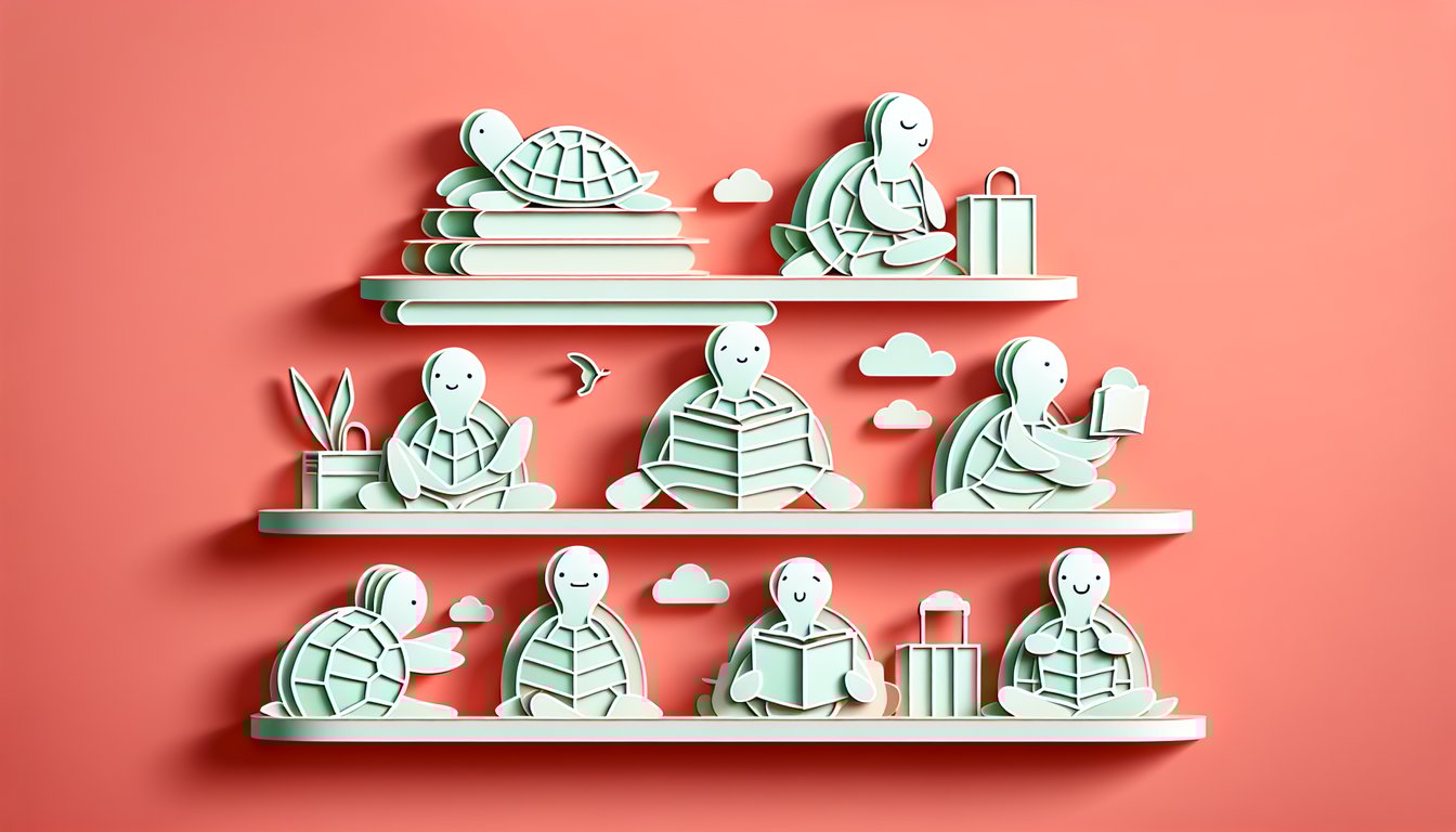Paper art illustration for turtle personality quiz on a coral background