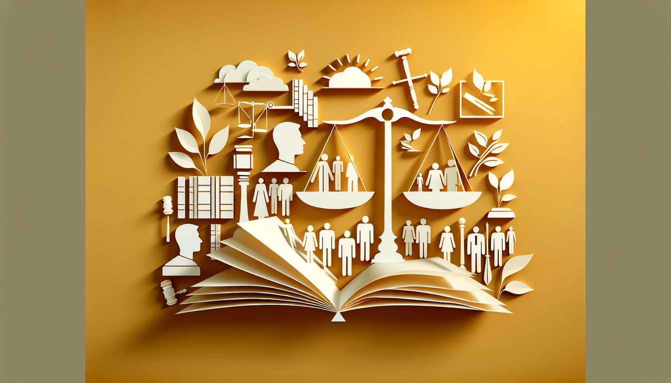 Paper art illustration of a gavel book and question mark on golden yellow background