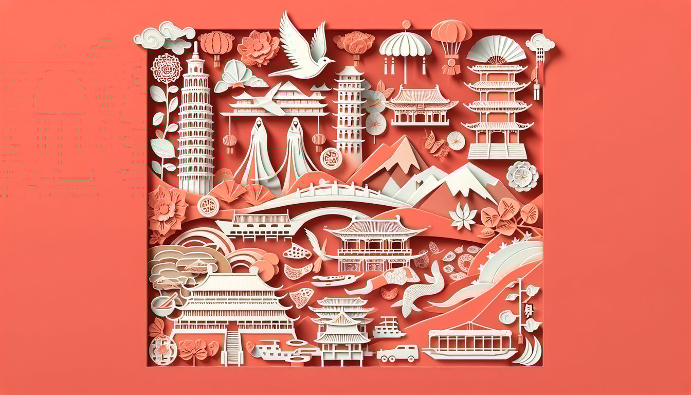 Paper art illustration for China culture quiz on coral background