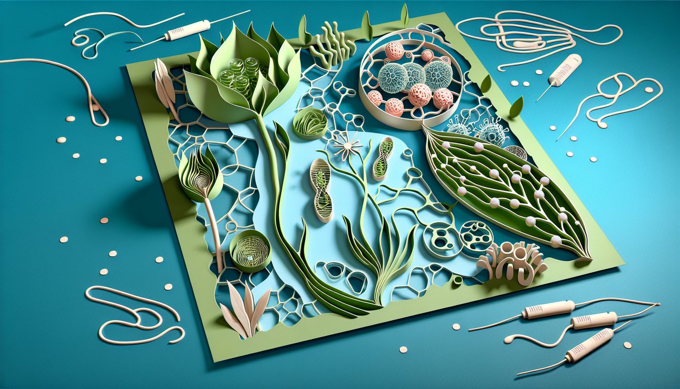 Paper art illustration of leaves sun mitochondria on teal background for photosynthesis and cellular respiration quiz