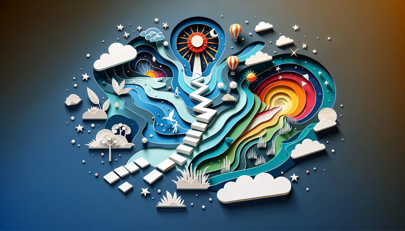 Paper art depicting various reality shifting techniques for a personality quiz on a dark blue background