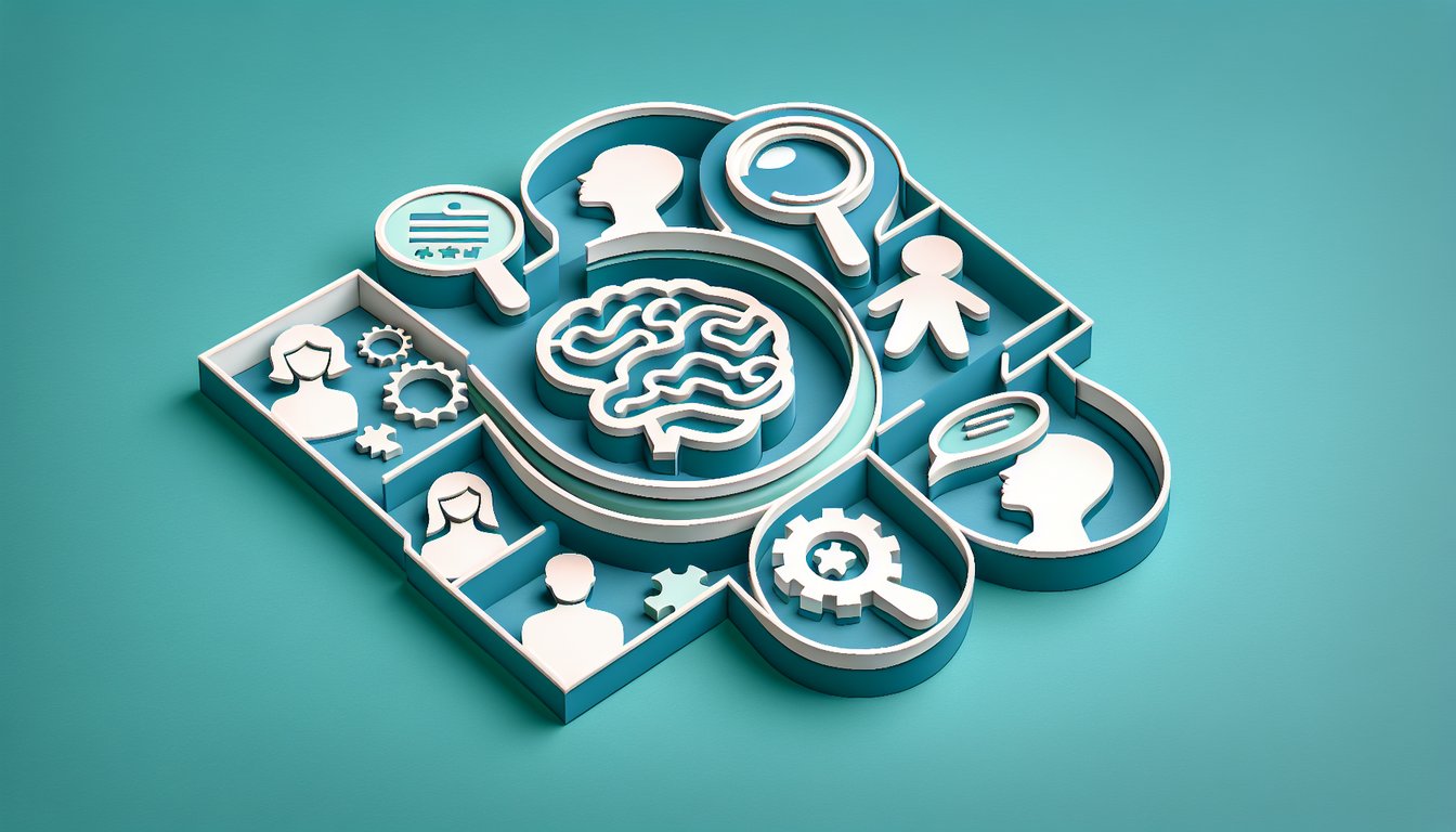 Paper art style illustration with quiz icons on teal background playful questions revealing hidden needs and personal growth.