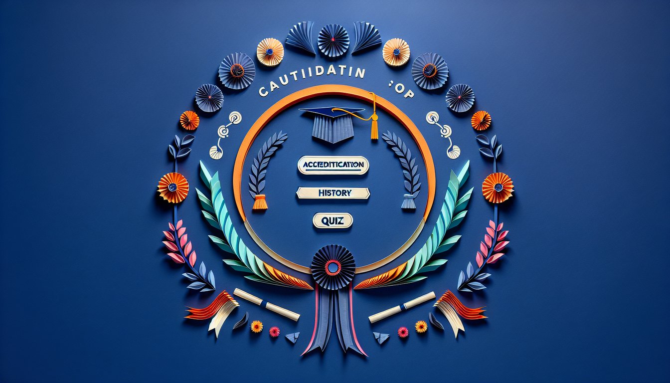 Colorful paper art displaying questions for Accreditation History Quiz