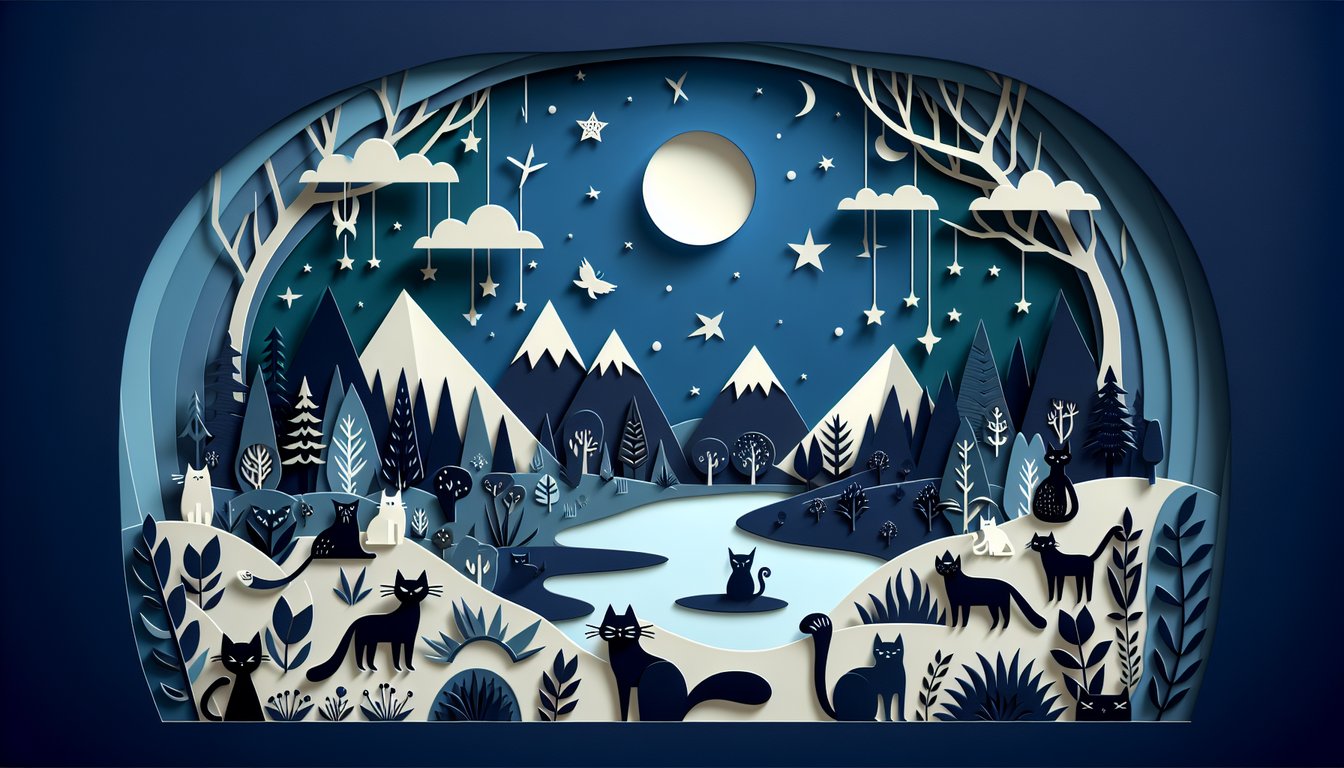paper art style warrior cat silhouettes leaping amid forest shapes for clan cat personality quiz on dark blue background.