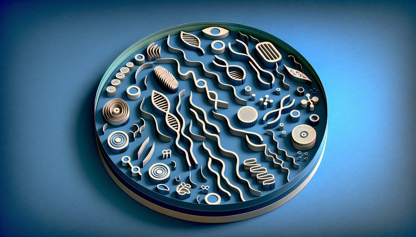 Paper art illustration depicting chromosomes, meiosis stages and sexual life cycle icons on dark blue background