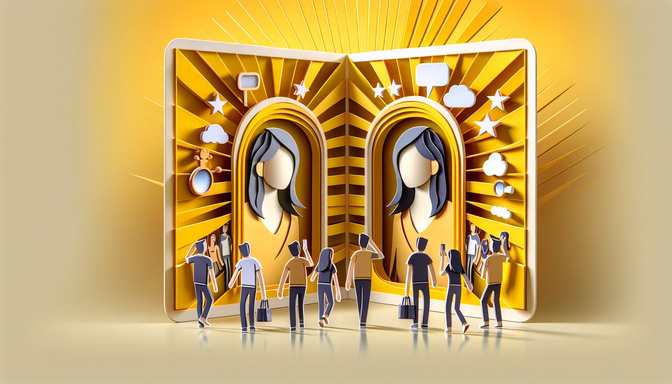 Paper art illustration for celebrity twin quiz on a golden yellow background