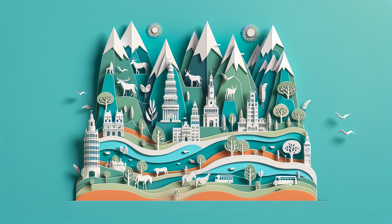 Paper art style Argentina scene on teal background featuring Andes Patagonia glaciers Pampas gaucho horse condor quiz