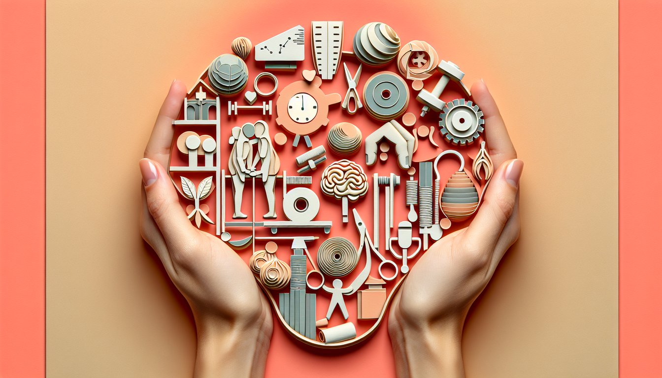 Paper art illustration depicts OT tools and quiz prompt on coral background inviting an occupational therapy knowledge test