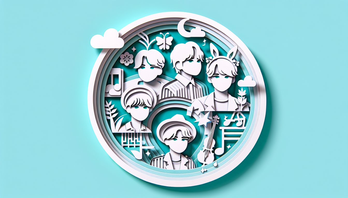 Paper art collage of BTS silhouettes with hearts stars and quiz symbols on teal background