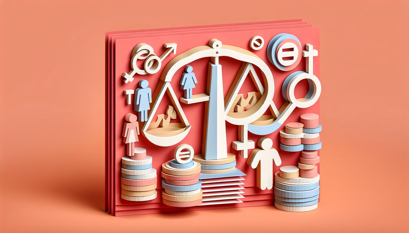 Paper art cutouts of diverse figures holding equality signs and scales on coral background for feminist quiz
