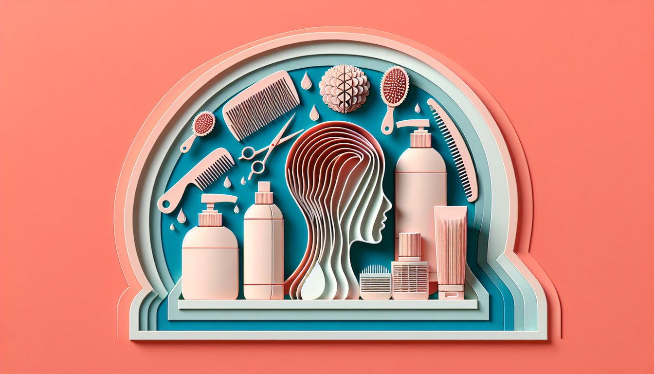 Paper art shampoo bottle and conditioner on coral background with scalp care quiz prompt challenge
