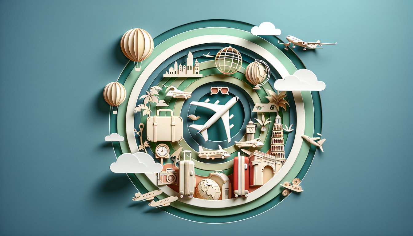 paper cut travel icons compass globe camera passport plane on teal background for travel quiz