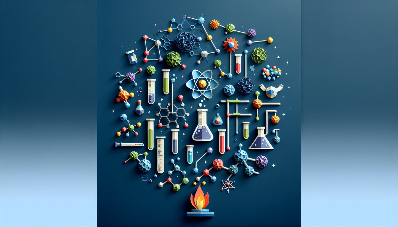 Paper art illustrating a trivia quiz on chemical reactions for high school students.