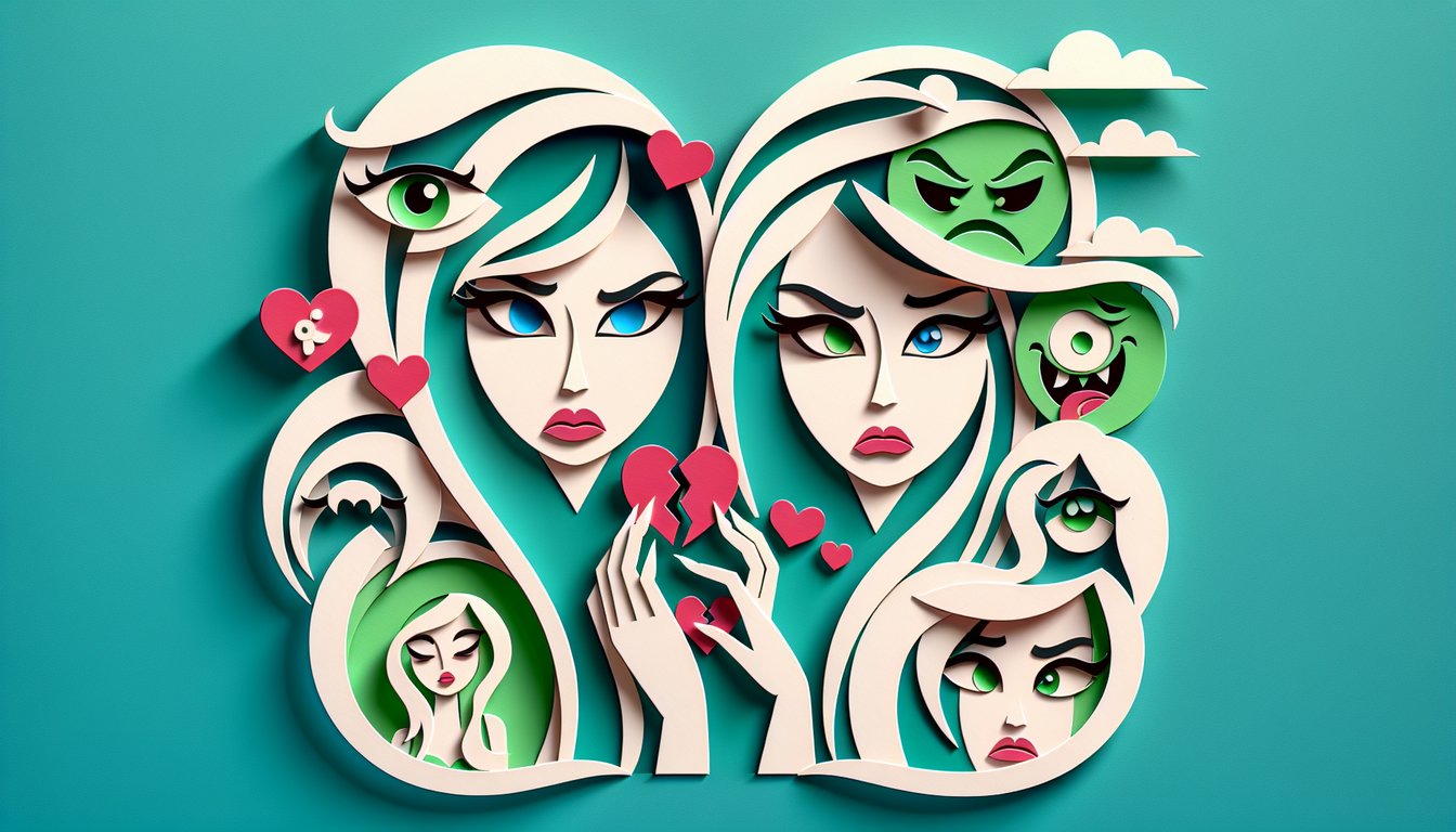Paper art illustration for Is My Sister Jealous of Me Quiz on teal background