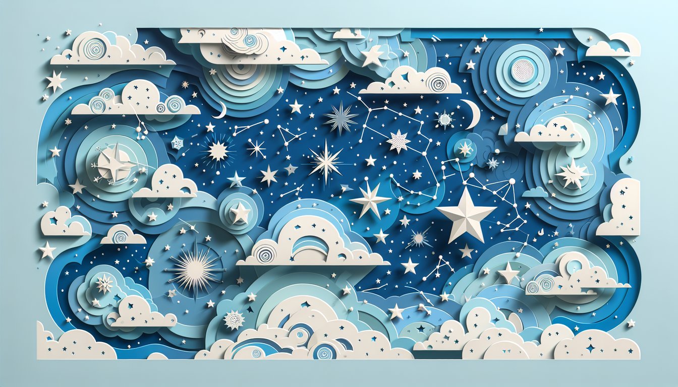 Paper art illustration for a stars and constellations quiz on a sky blue background