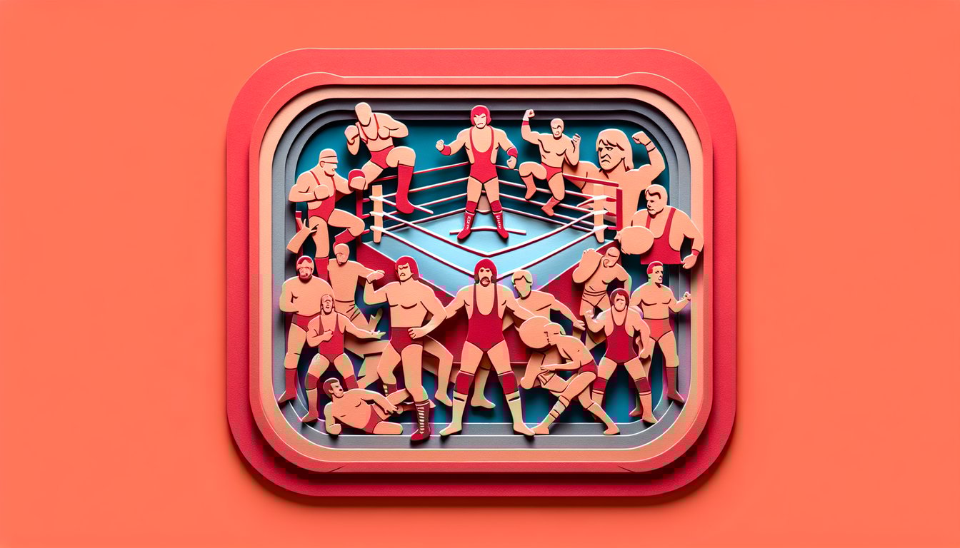 Paper art illustration for WCW trivia quiz featuring wrestling icons on a coral background