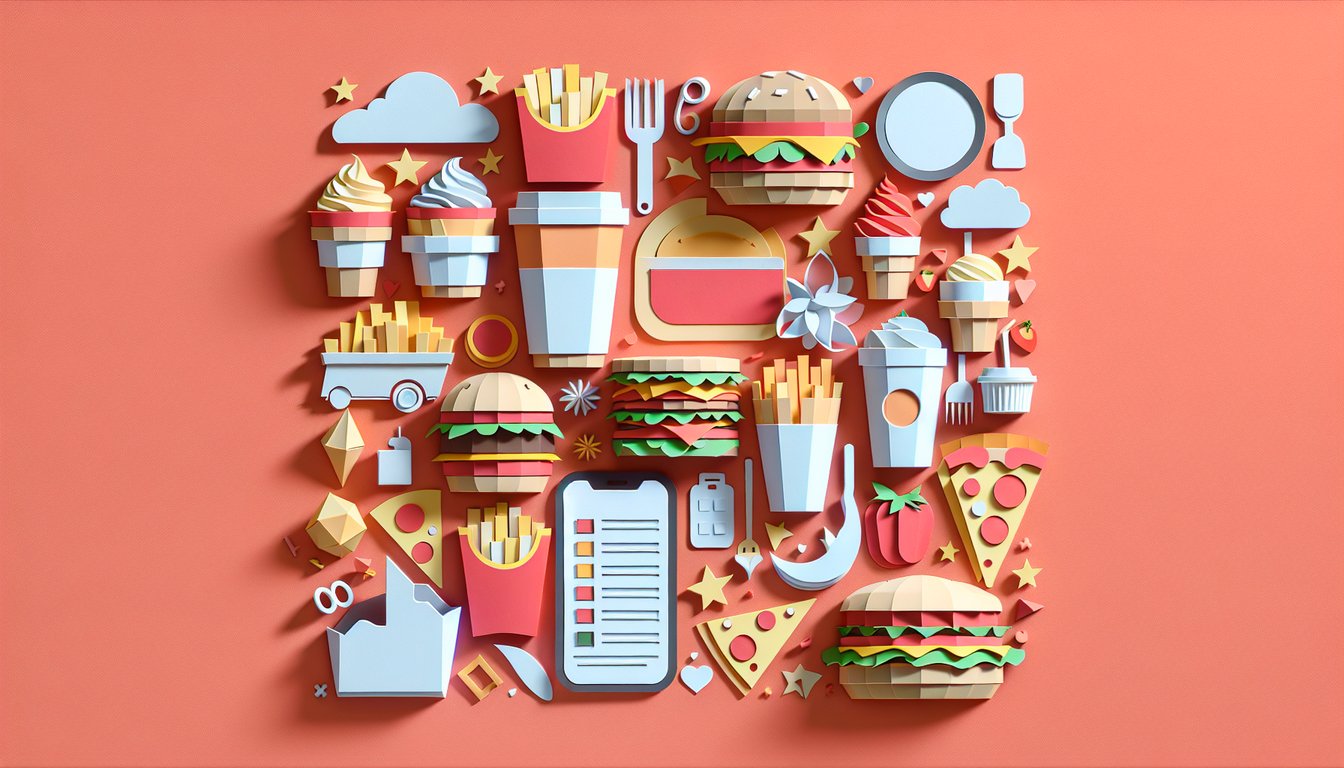 Paper art illustration for a personality quiz to determine fast food choices based on cravings and mood on coral background.