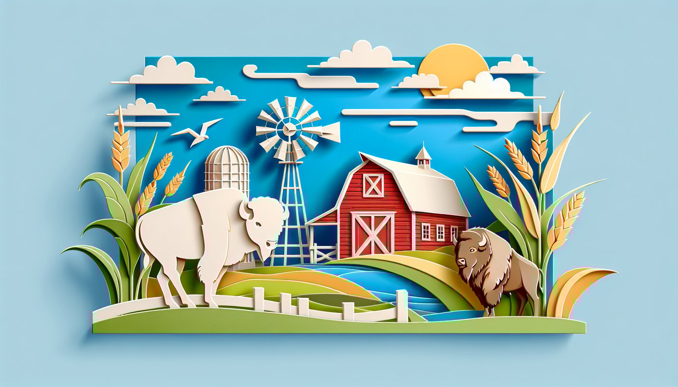 Paper art quiz invitation on Iowa trivia featuring landmarks, history, fun facts on sky blue background.