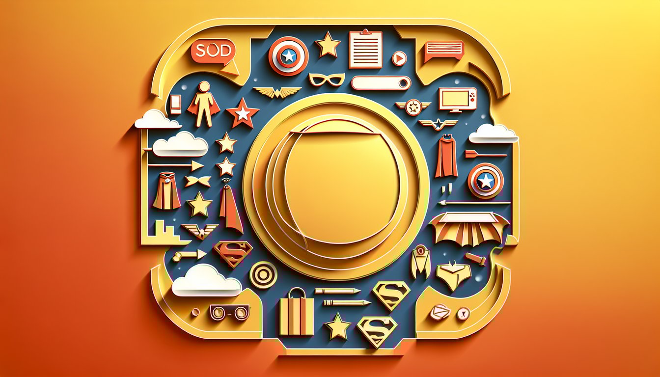 Superhero-themed paper art illustration for a trivia quiz on a golden yellow background.