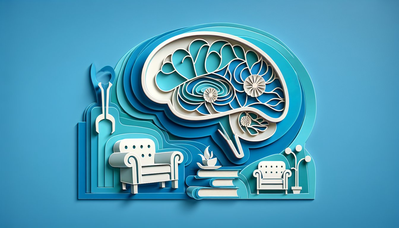 Paper art style brain and puzzle pieces floating on sky blue background promoting free psychology career quiz
