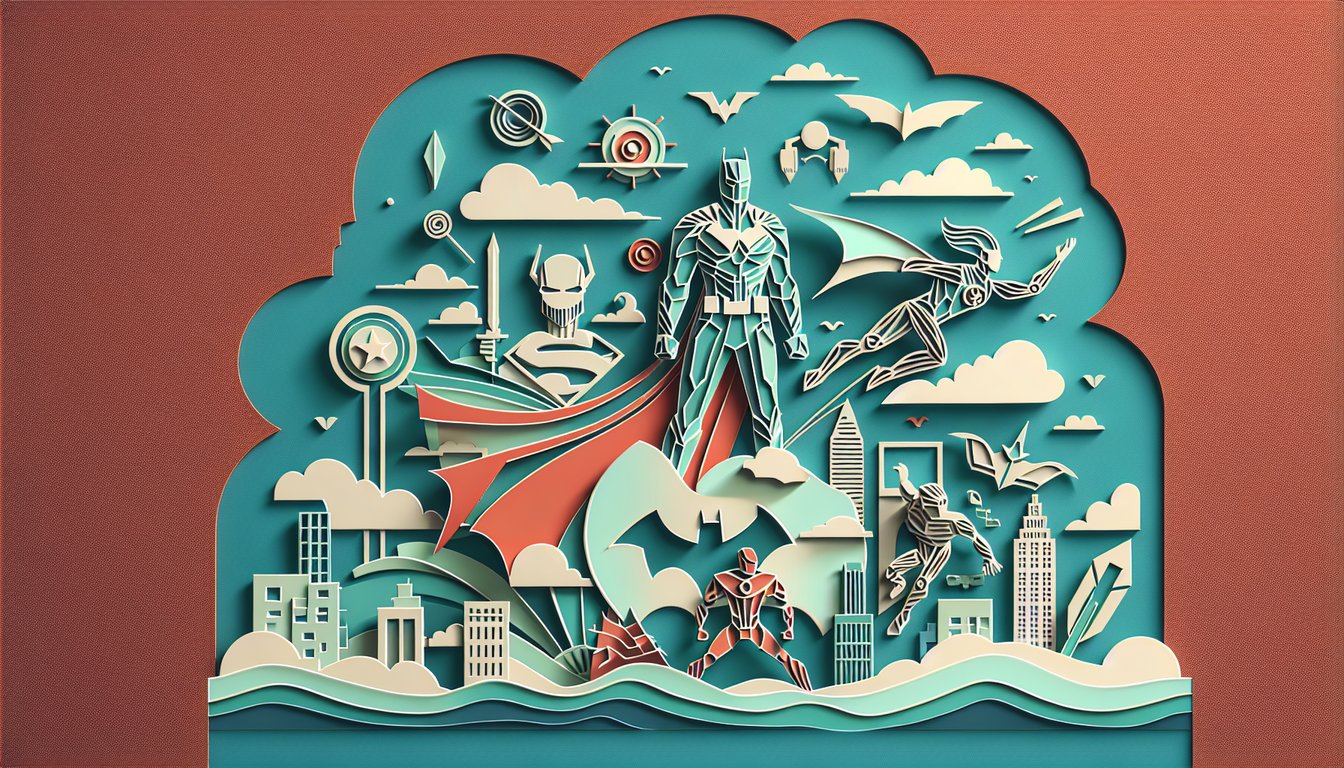 Paper art illustration of comic book identity quiz with superhero masks emblems and quiz symbols on teal background