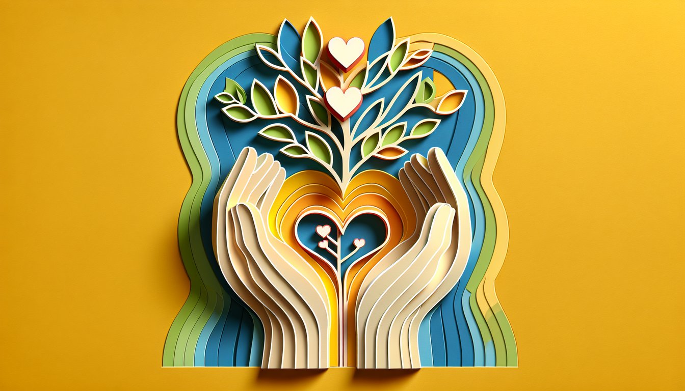 Paper art quiz illustration testing loyalty, empathy, and support skills on golden yellow background.