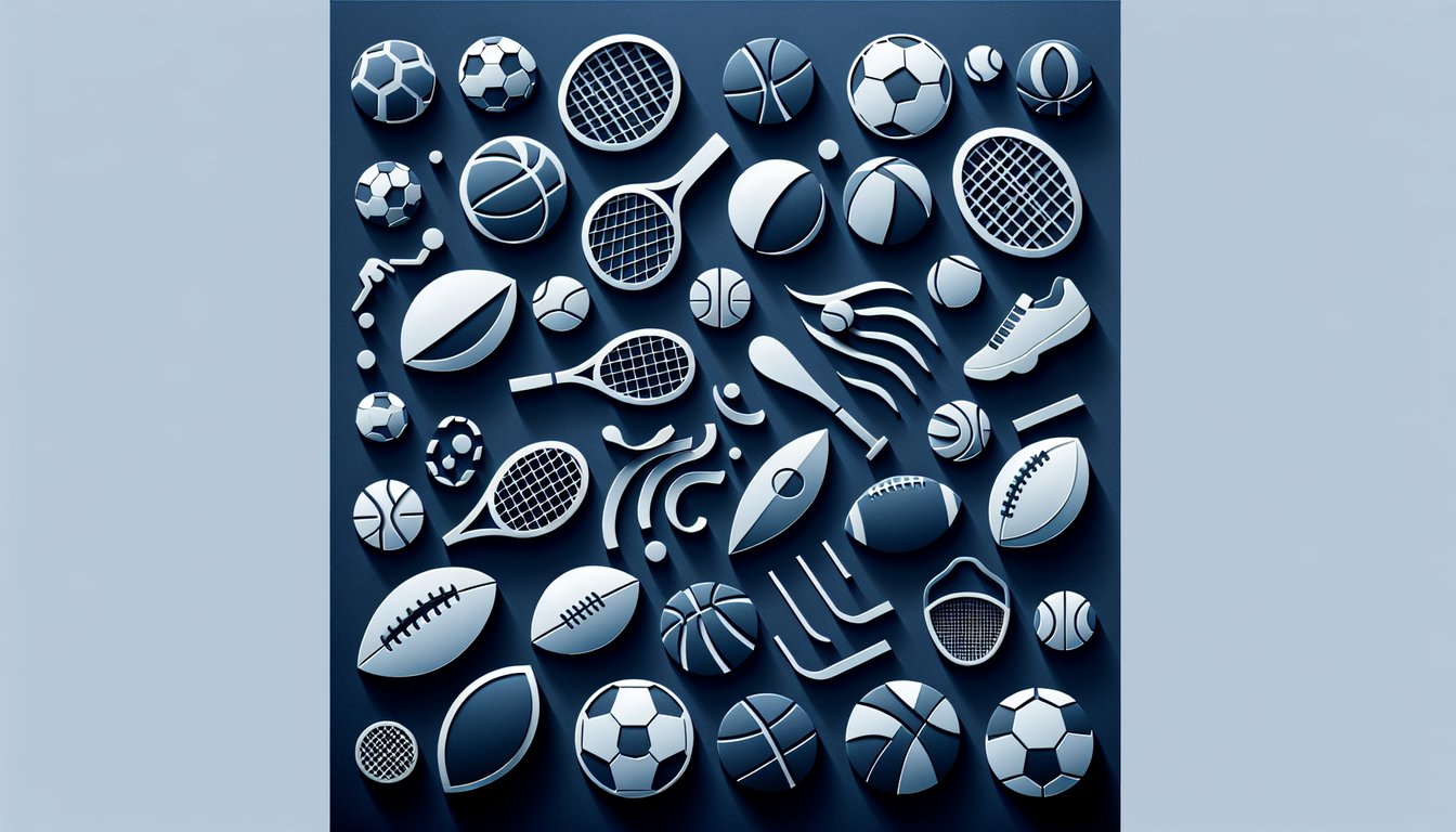 Paper art style sports icons collage on dark blue background with silhouettes of basketball soccer tennis and running gear